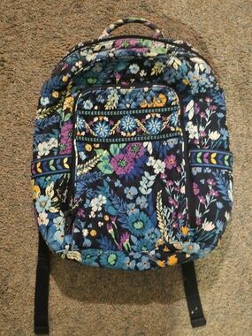Vera Bradley Navy Floral Quilted Backpack with Multi-Color Accents